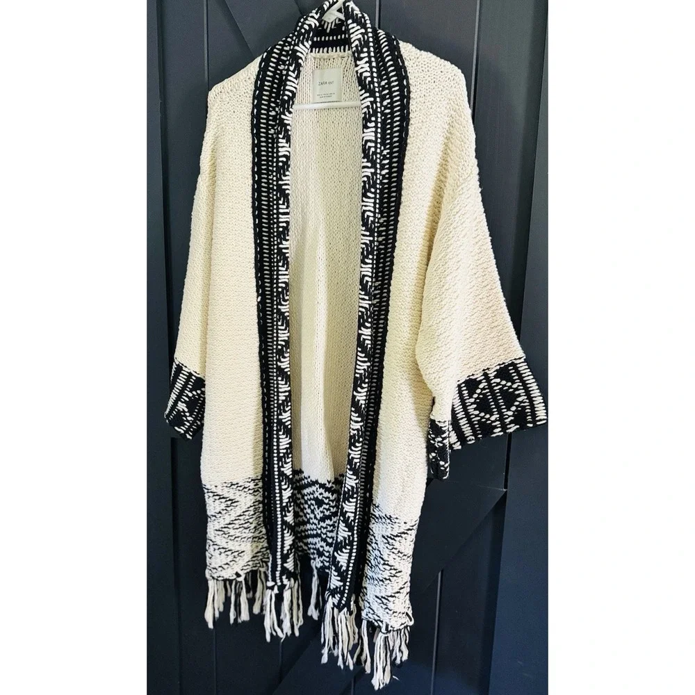 Zara Comfy Chunky Fringe Knit Oversized Cardigan Shabby Chic Bohemian Aztec Sz M